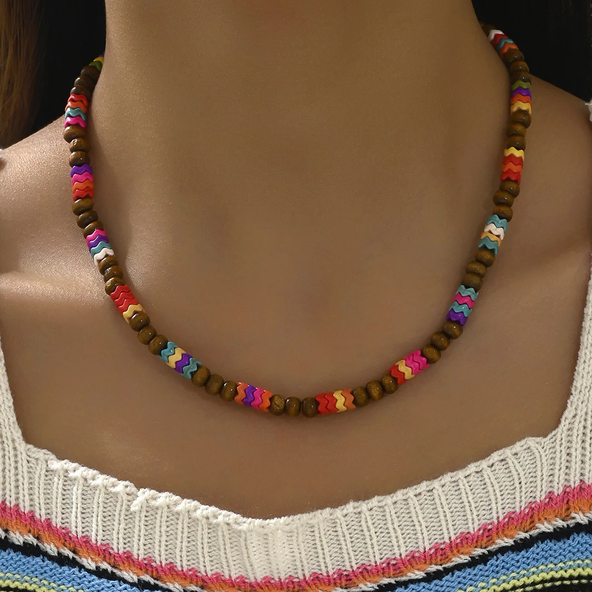 Colorful Wooden Puka Shell Necklace Seashell Natural Stone Beaded Long Choker Necklaces for Women Teen Girls