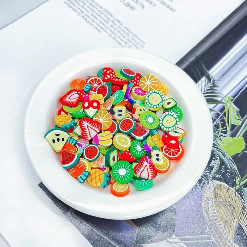 100pcs/bag fruit animal flower Soft heart plum blossom slices slime filling crystal Polymer clay confetti