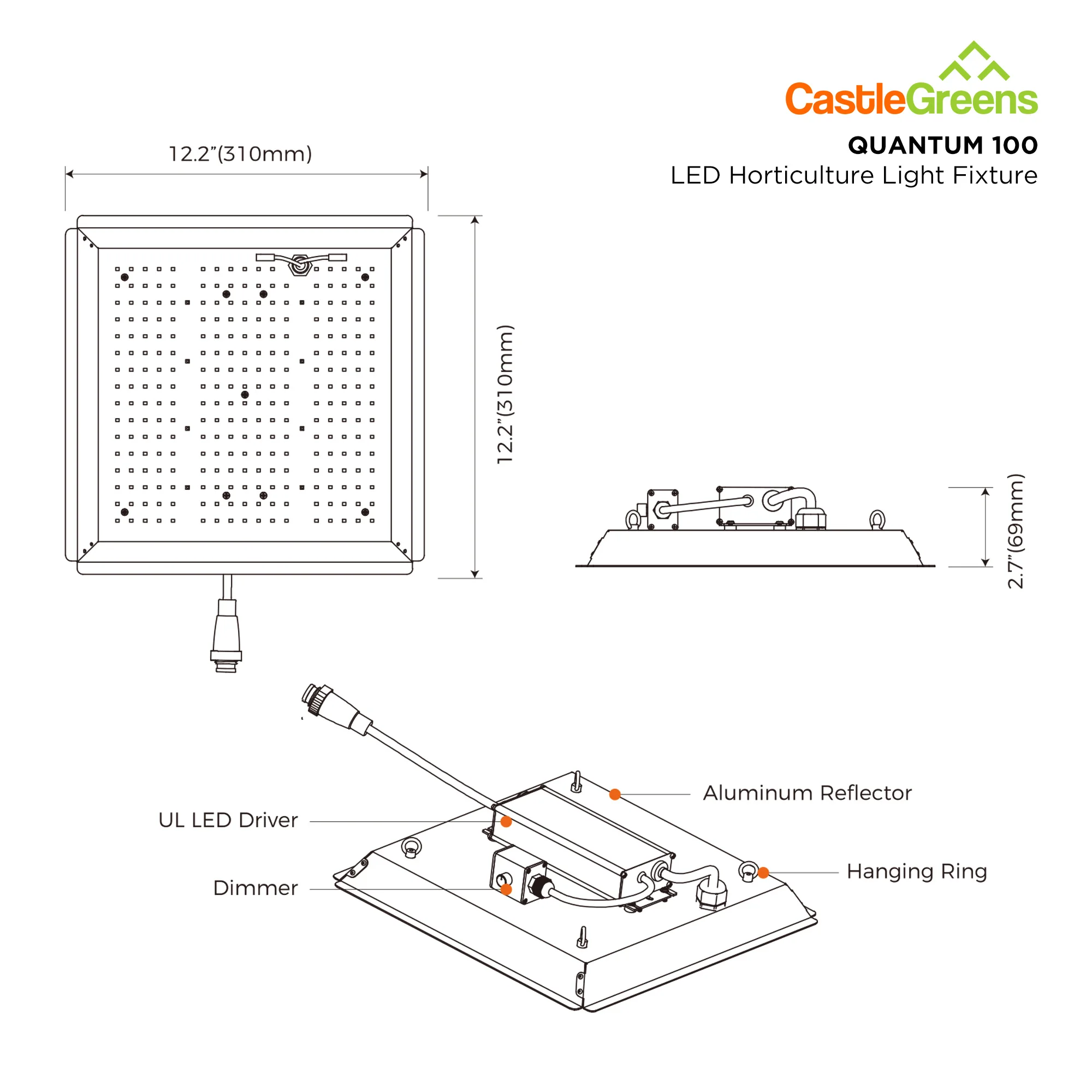 Waterproof Energy Saving 2.7 μmol/J Samsung Diodes 100W Quantum Led Grow Light