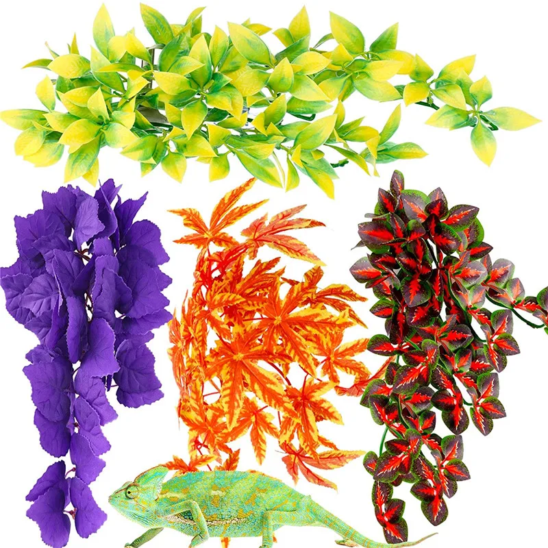 4 Pieces Artificial Reptile Plants Jungle Reptiles Terrarium Leaves Plastic Reptile Habitats Plant Amphibian Hanging Terrarium P