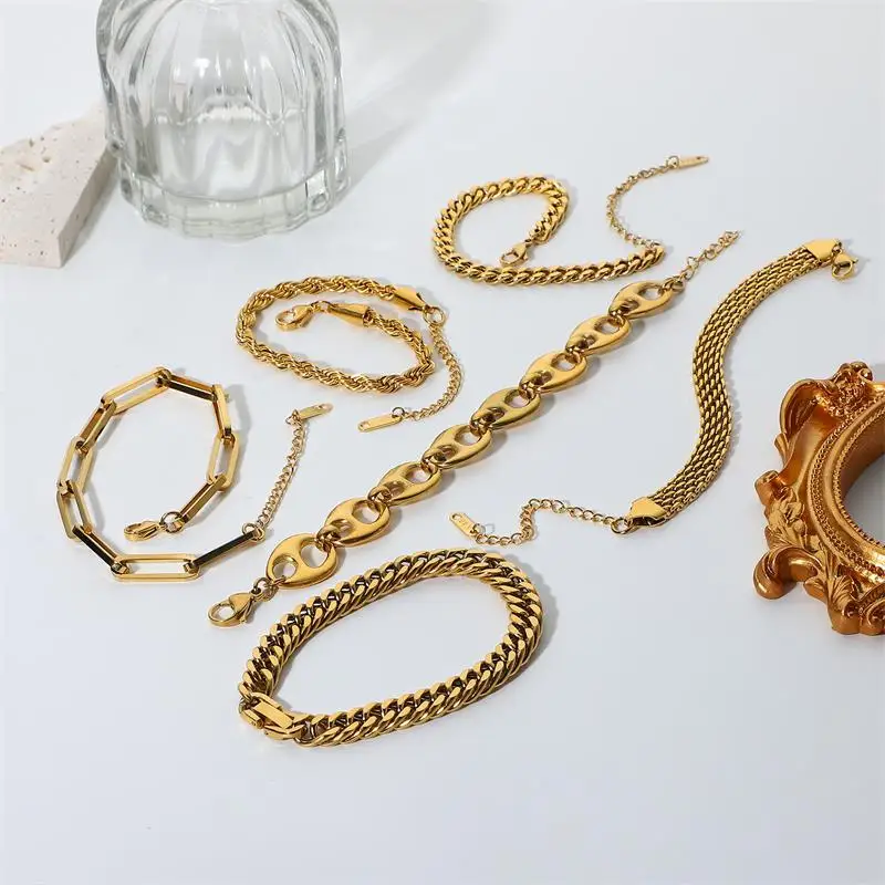 Wholesale Miami Cuban Chain Bracelet Bangle Flat Snake Stacking 18K Gold Plated Stainless Steel Link Bracelet For Women Jewelry