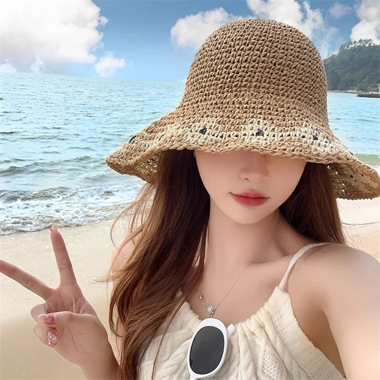 Simple Girl Wide Brim Floppy Summer Hats for Women Beach Panama Straw Weave Bucket Hat Femme Sun Shade Hat