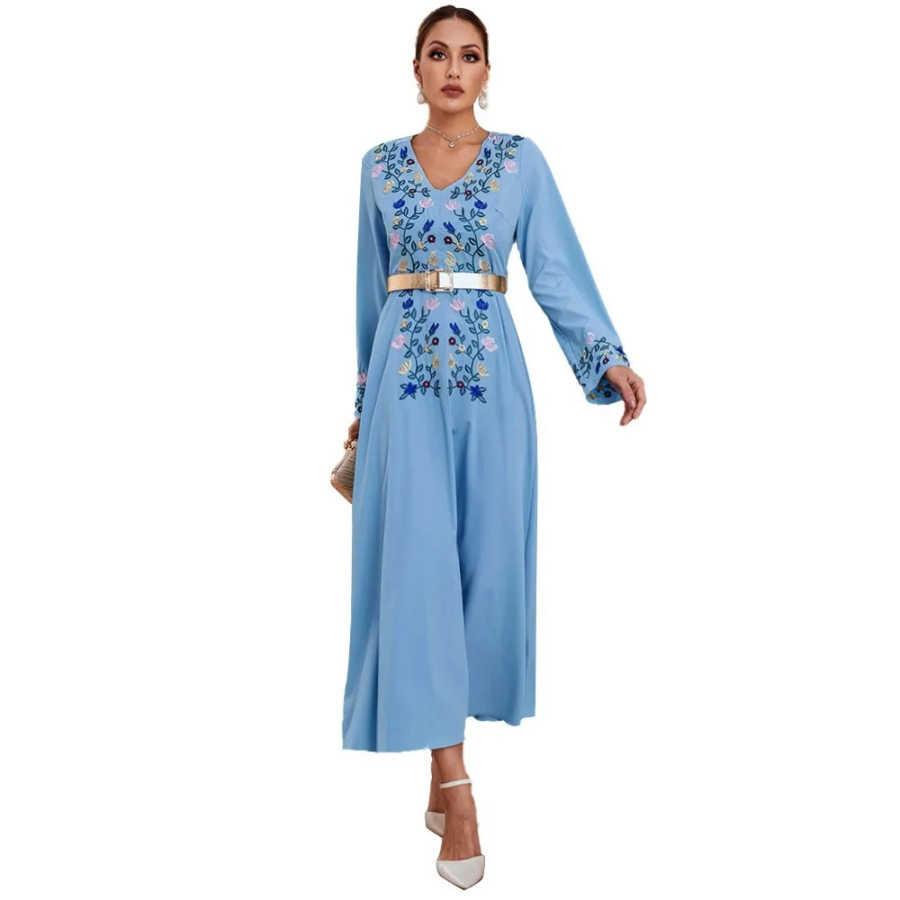 Fashion Middle East Muslim Dress 2023 Autumn New V-neck Floral Embroidery Slim Dress Empire Waist With Belt