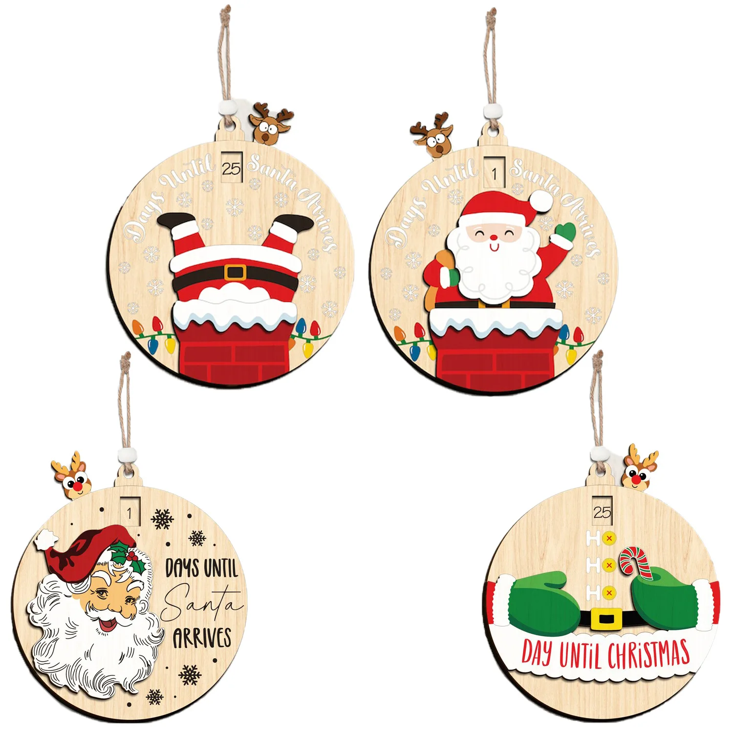 Hot selling Round Christmas Santa Claus Wooden Hand Carved  Customized  Ornament Desktop Decoration Crafts laser pendant