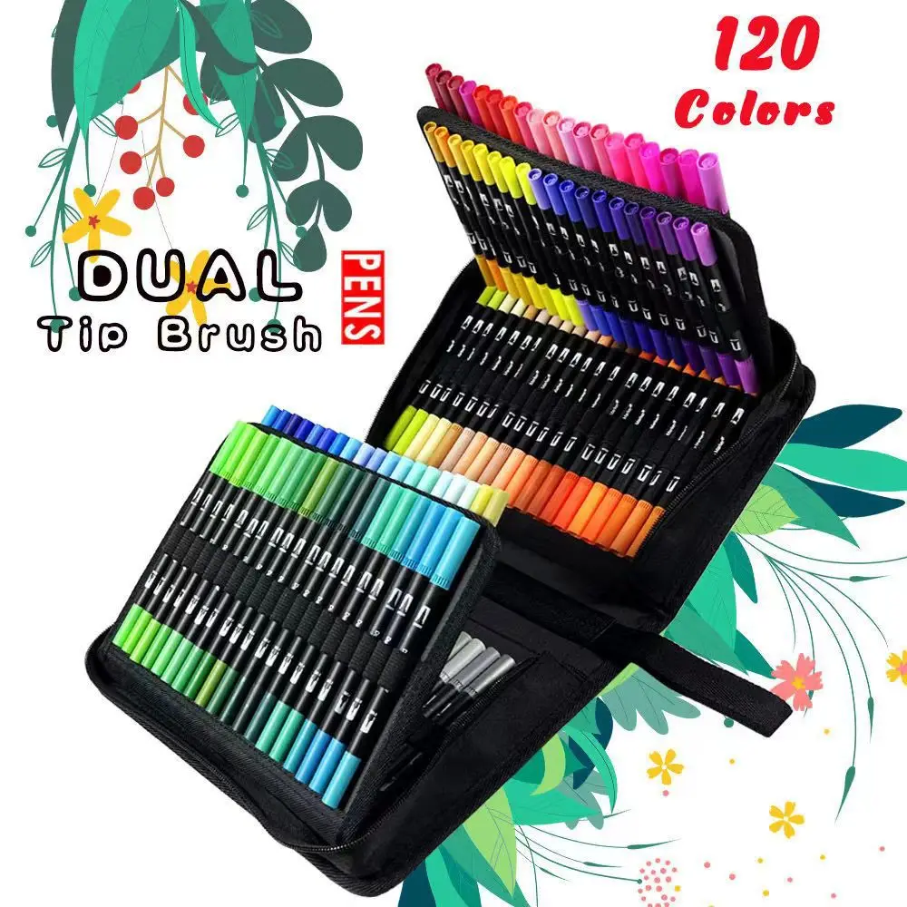 120 Colors Brush Pens Dual Brush Fine Tip Drawing Pens Water Based Coloring Markers with Carry Case