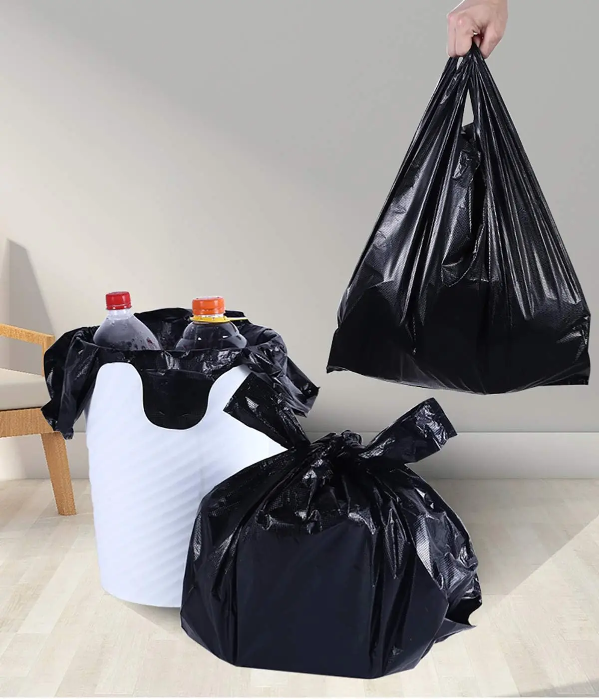 Small Black Trash Bags with Handlesand  T-shirt Rubbish Bags Wastebasket Bags for Office