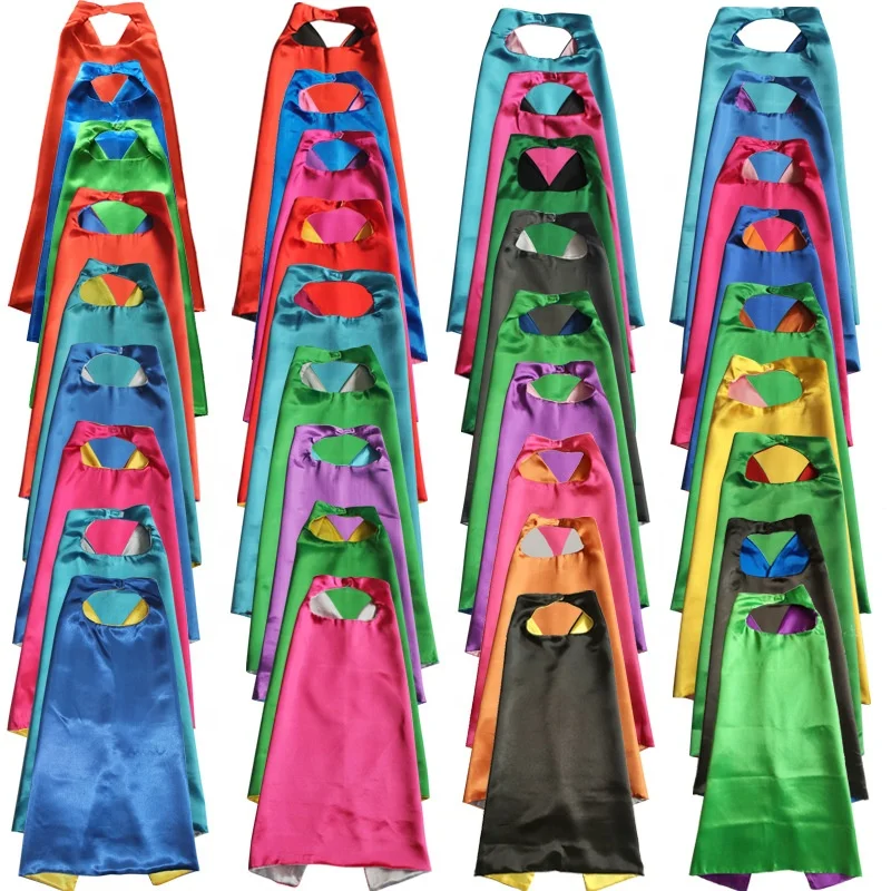 Kids Superhero Solid Color  Double Layer Side Reversible Capes and Masks Set For Halloween Cosplay Birthday Party