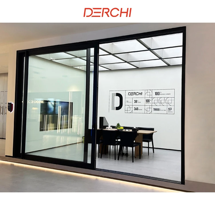 DERCHI NFRC Moden Slim Frame Aluminum 4 Panel Tempered Glass Automatic Patio Sliding Door Hurricane Impact Sliding Patio Doors