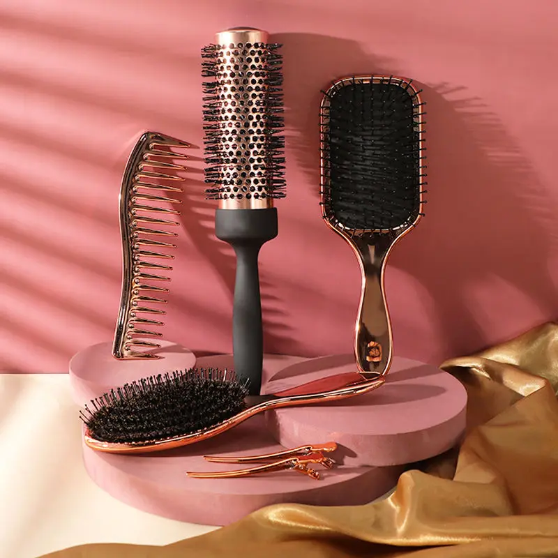 Wholesale Rose Gold 5 In 1 Hair Extension Brush With Clip And Comb Set Detangling Hair Brush Kit