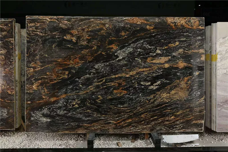 exotic cosmic black granite slabs with golden veins