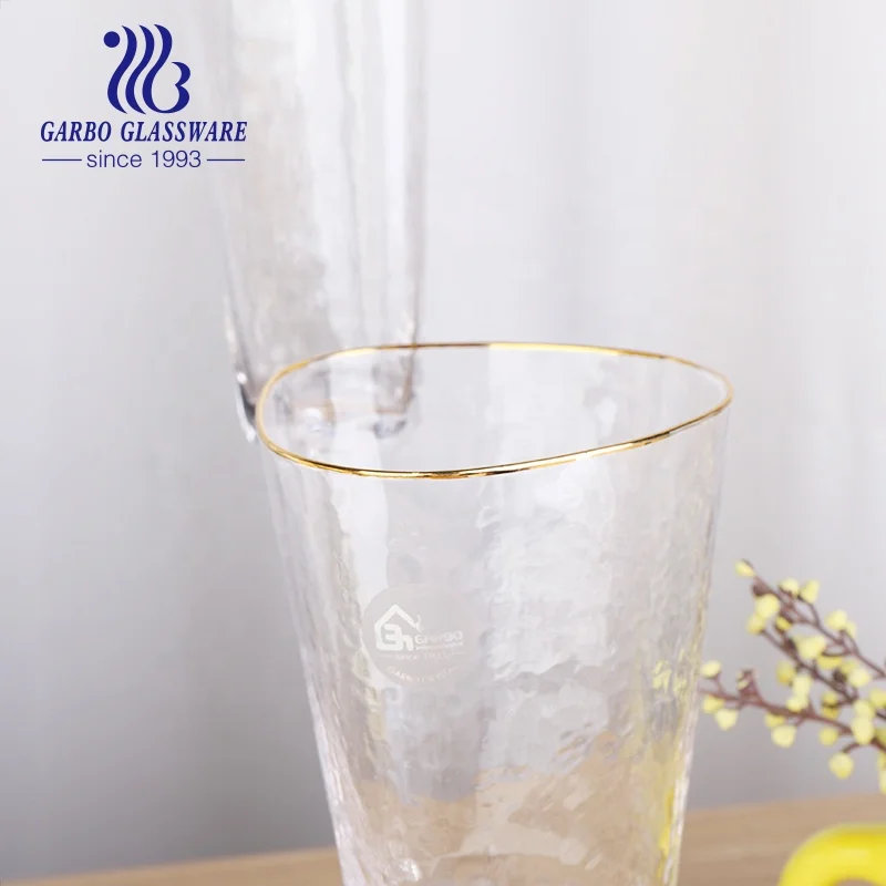 Handmade golden rim wine glass 12oz  martini glass golden decorative hammer pattern glassware cup cocktail glass stemware flute