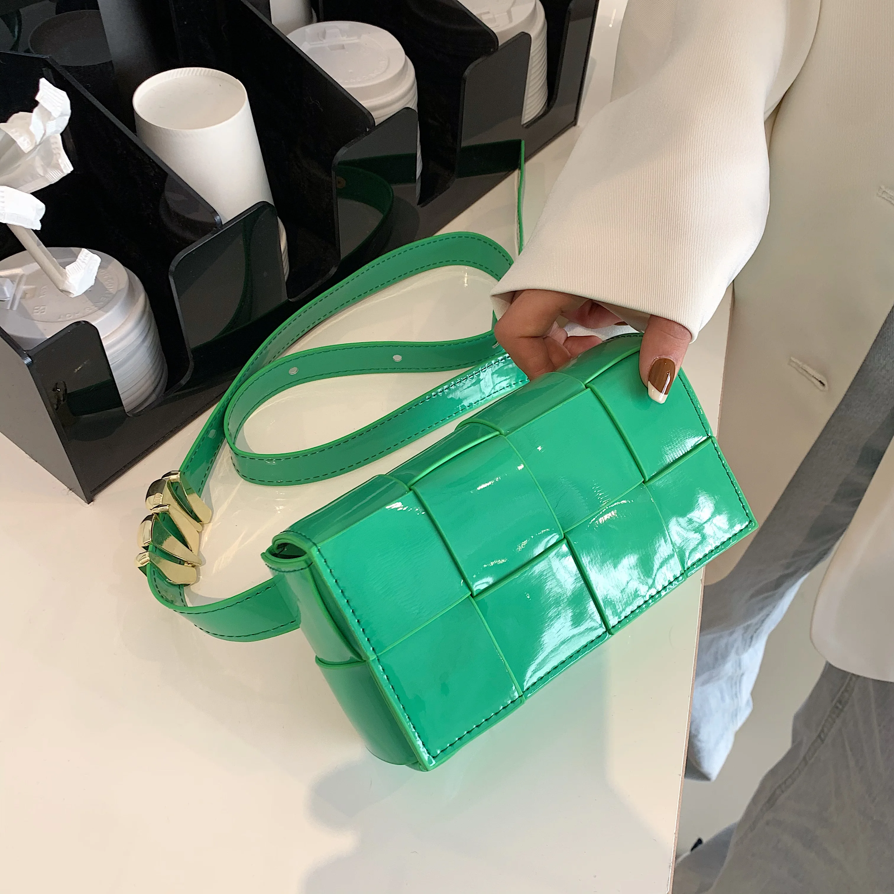 2022  french style summer neon green woven waist bag ,fashion cute women cross body bag