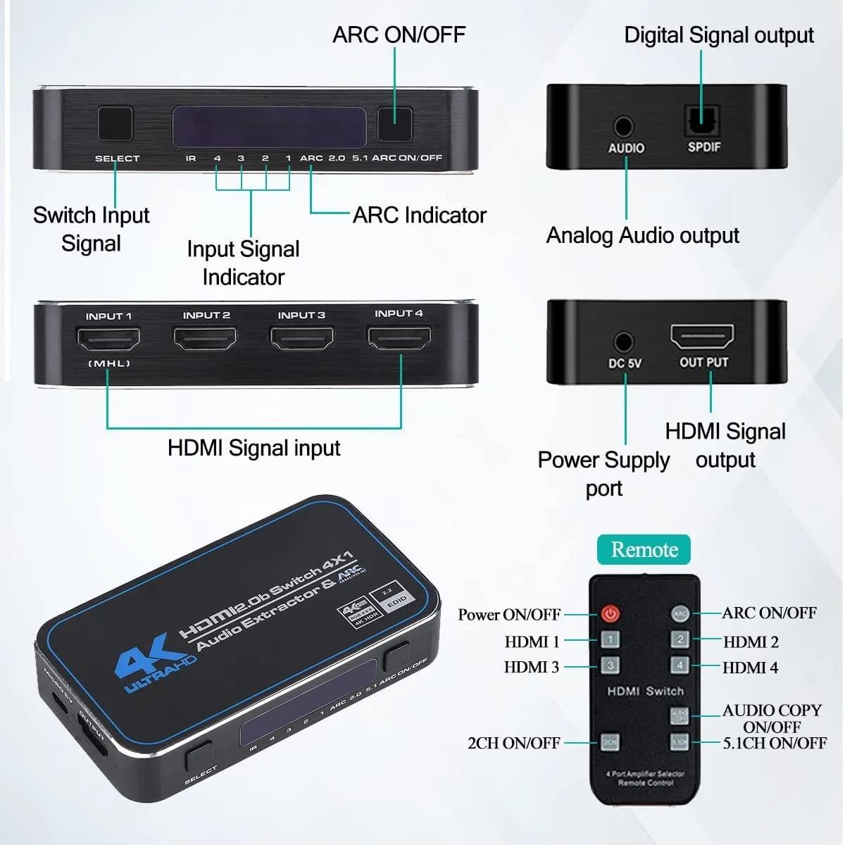 4K 120HZ HDMI Switch 4port 4 In 1 Out HDMI2.0b Switcher with Audio Extractor 3.5 jack optical fiber cable ARC For HDTV