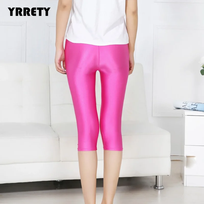 
YRRETY женские S-7XL брюки с высокой талией, повседневные блестящие леггинсы, высокая эластичность, для занятий йогой, для спортзала, флуоресцентные цвета, однотонные Капри 