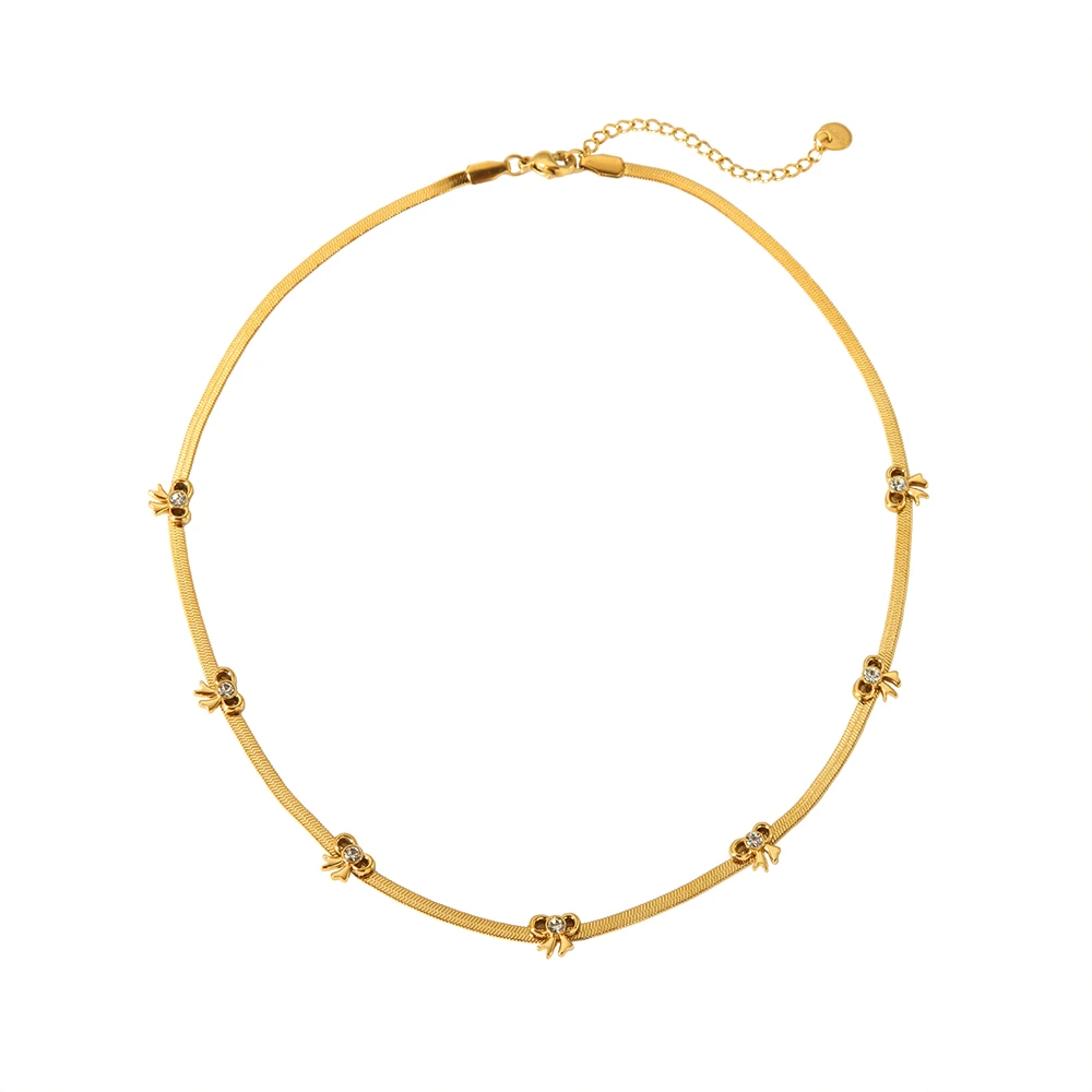 New Trend Jewelry 18K Gold Plated Stainless Steel Blade Snake Chain Cubic Zircons Bow Bowknots Charm Choker Necklace for Women