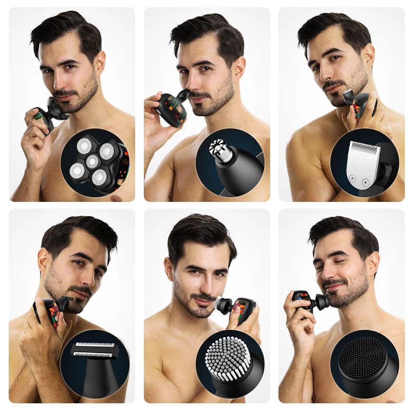 Suttik JK-1368 Graffiti Wireless Charging Shaver IPX6 Waterproof Affordable Multifunctional 5D Bald Head Shaver for Men 6 in 1