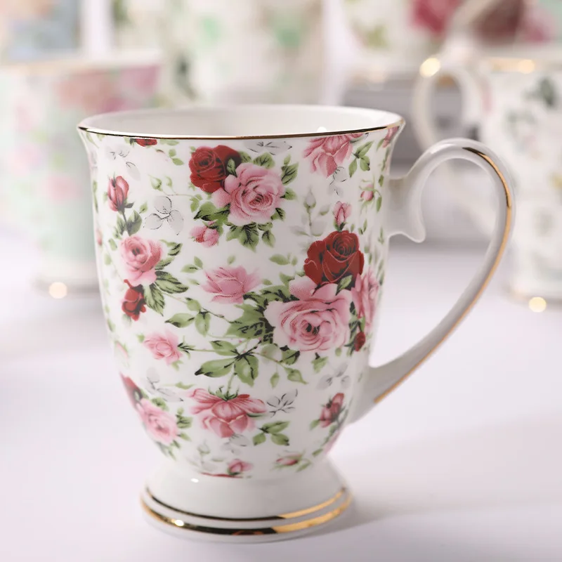 Wholesale 11oz High Quality European Flower Design Luxury Bone China Tea Cup Custom Logo British Floral Ceramic Coffee Mug
