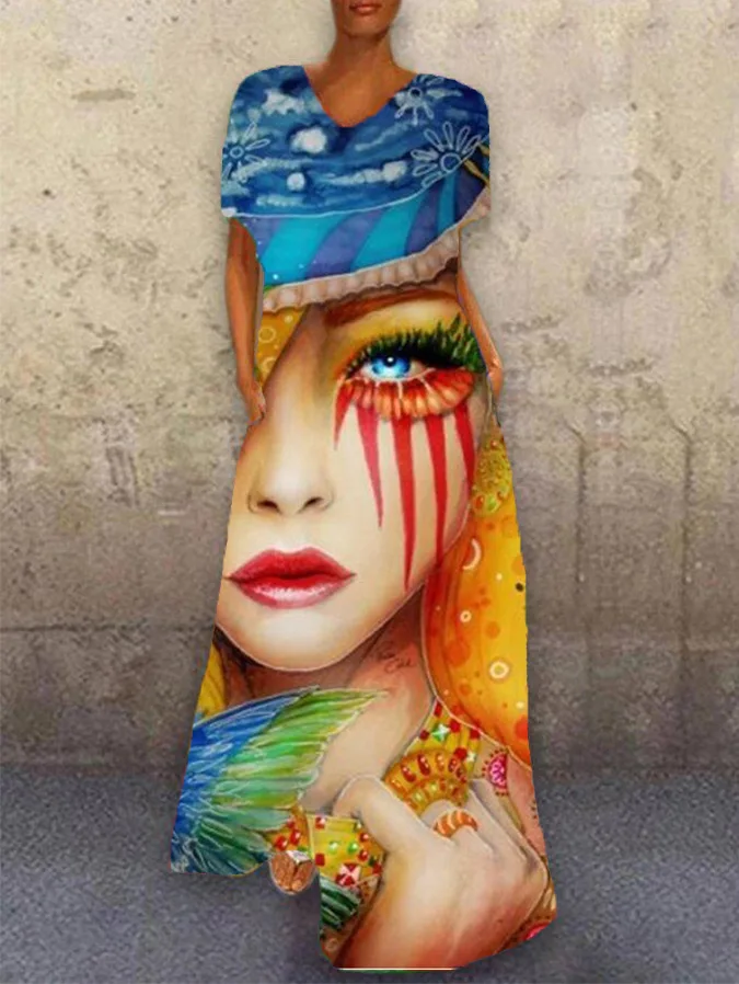 
The latest fashion design retro graffiti print plus size loose long summer casual dress 