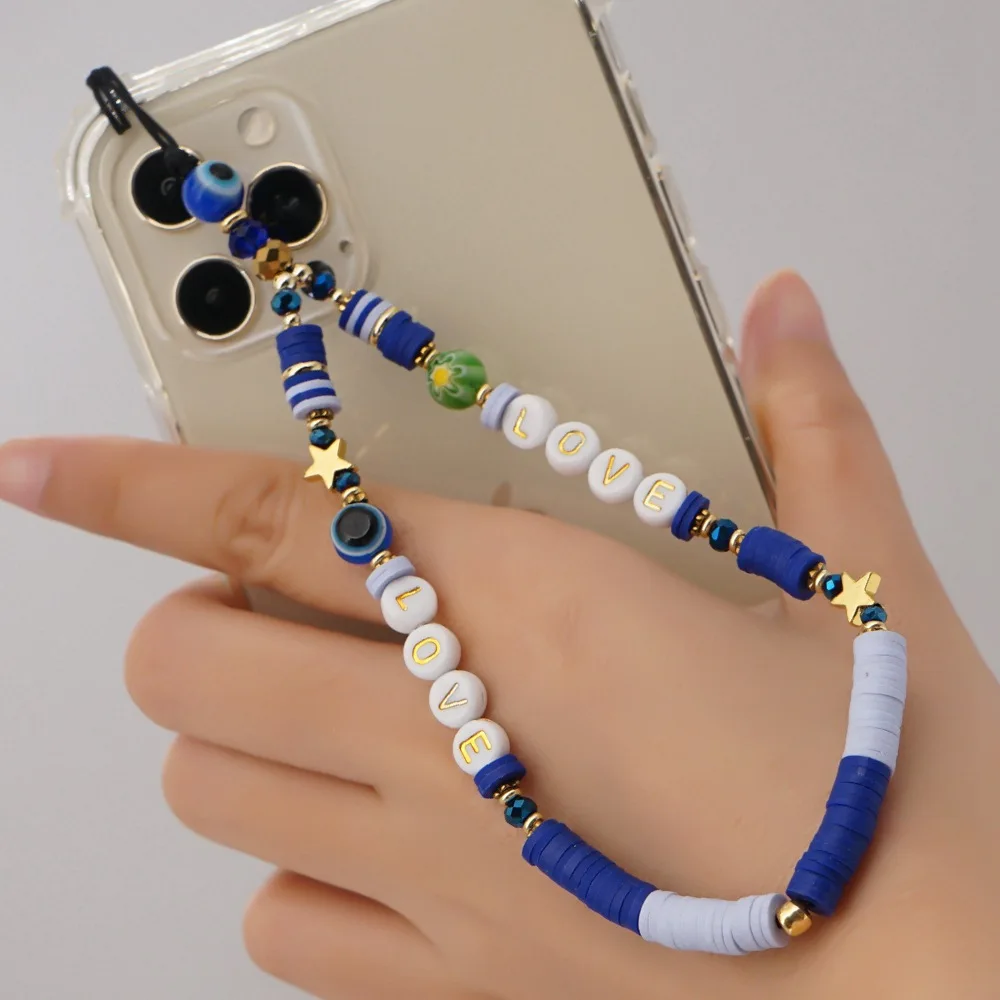 Beaded Phone Charms Lanyard Wrist Strap Smiley Face Beaded Phone Chain Cute Bracelet Keychain Charm for Women Girls