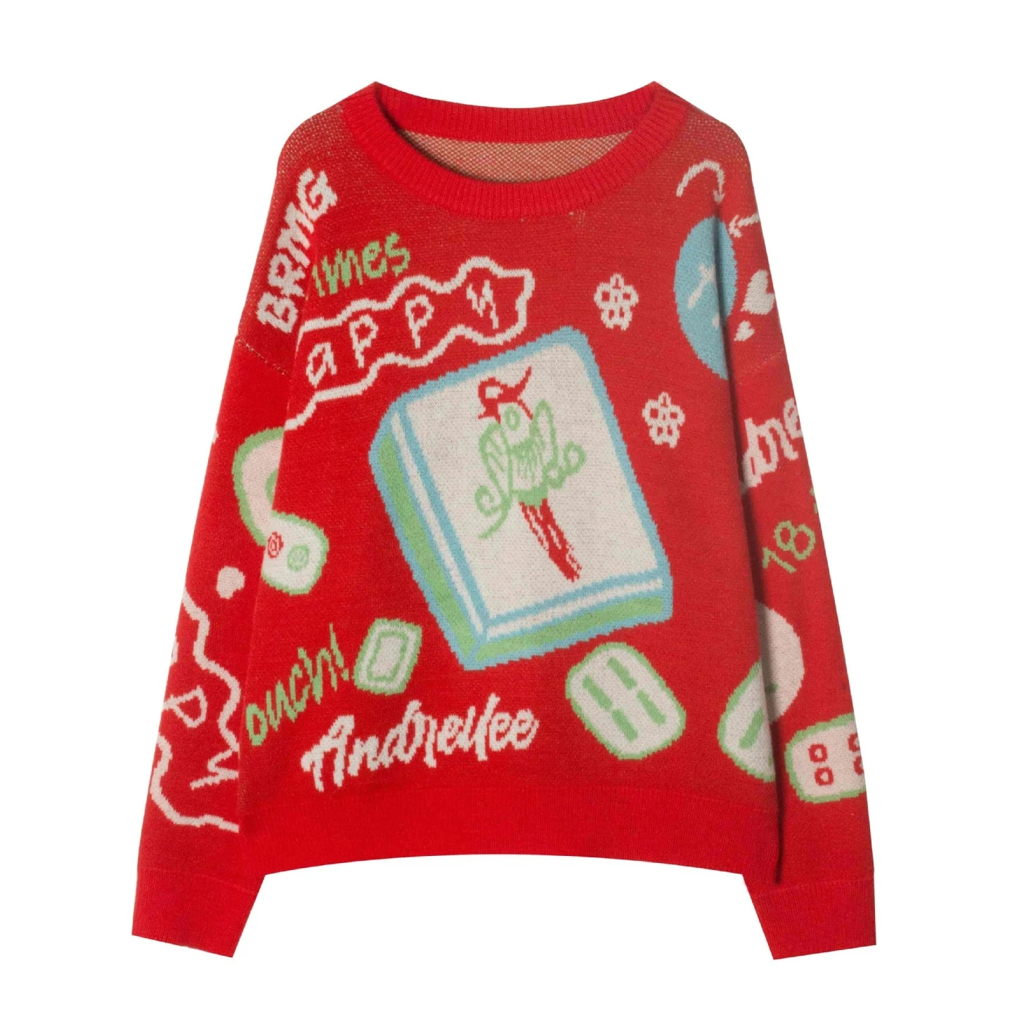 Christmas Outfits Red Mahjong Women Sweaters Round Neck Unique Pattern Knitted Pullover for Ladies Clothes