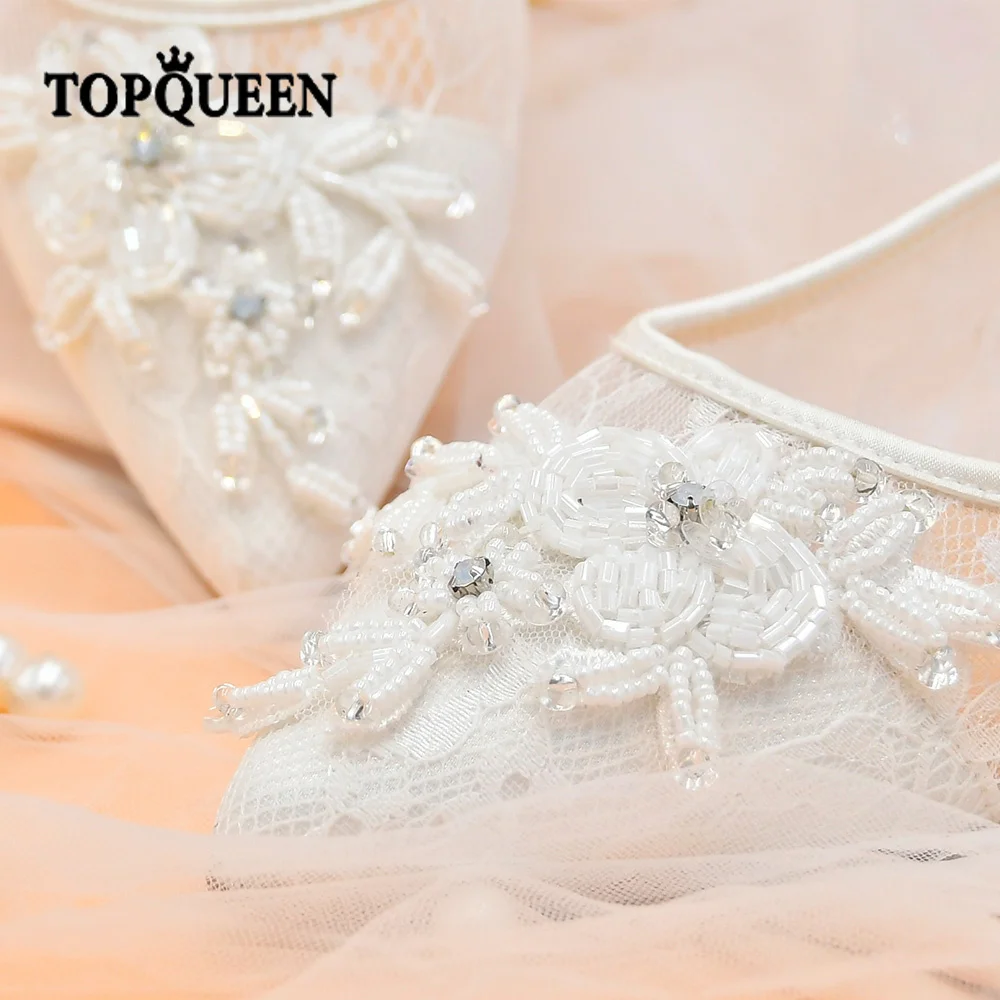 YouLaPan A40 Luxury Ladies Wedding Shoes White Beaded Lace Trim Mesh Sheer Summer Sandals Wedding Party Dress Flats