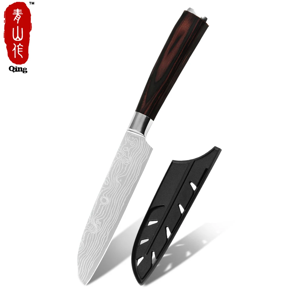 
Free Shipping Customized Logo Low MOQ 7Cr17mov 5 Inch Japanese Damascus Pattern Santoku Knife With Sheath 