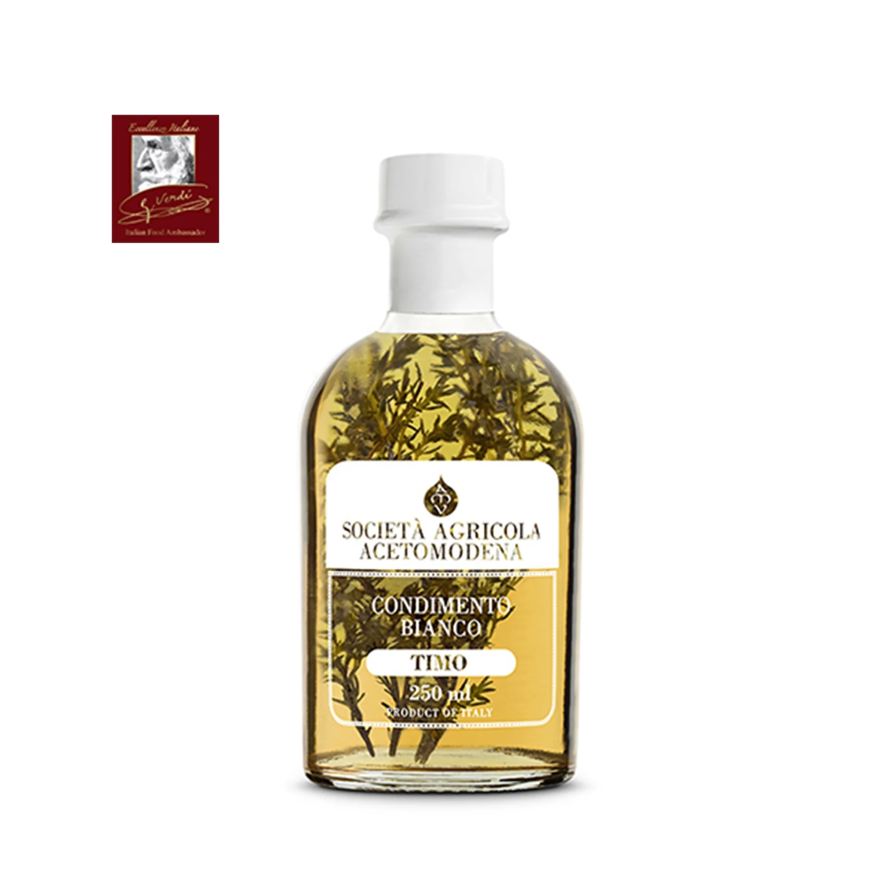 White Condiment infused with Tyme seeds in bottle 250ml White Wine Vinegar GV GVERDI Selection Italian food Made in Italy