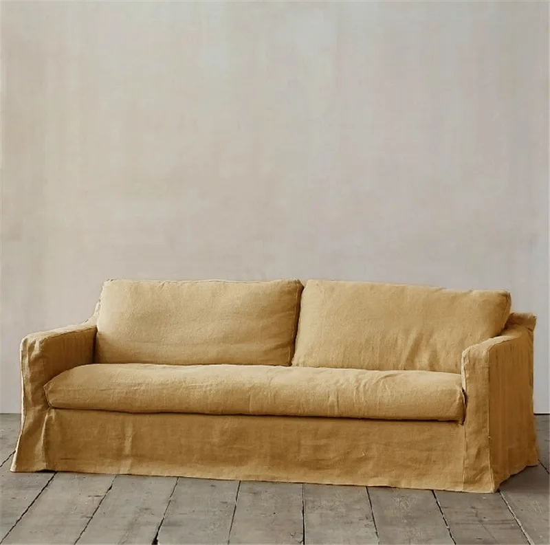 Wabi-sabi cotton hemp sofa living room home fabric three sofa can be dismantled and washed retro soft bag sofa customized