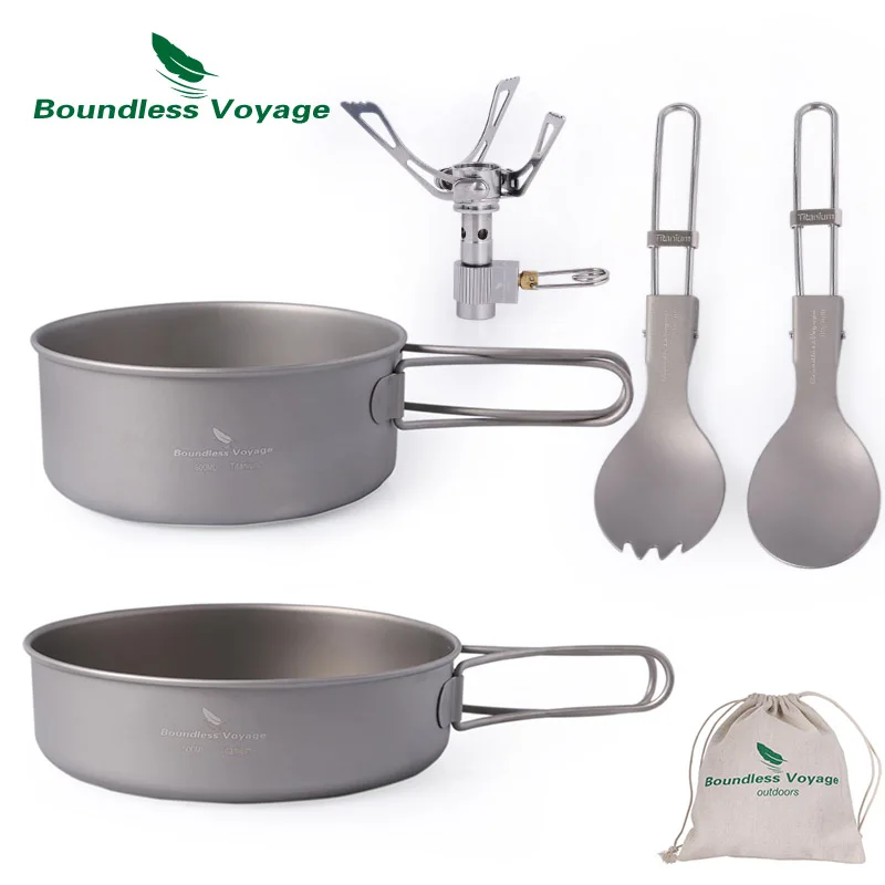 Boundless Voyage  Outdoor Titanium Cookware Mess Kit Lightweight Cookset Pot pan Bowls for backpack Camping