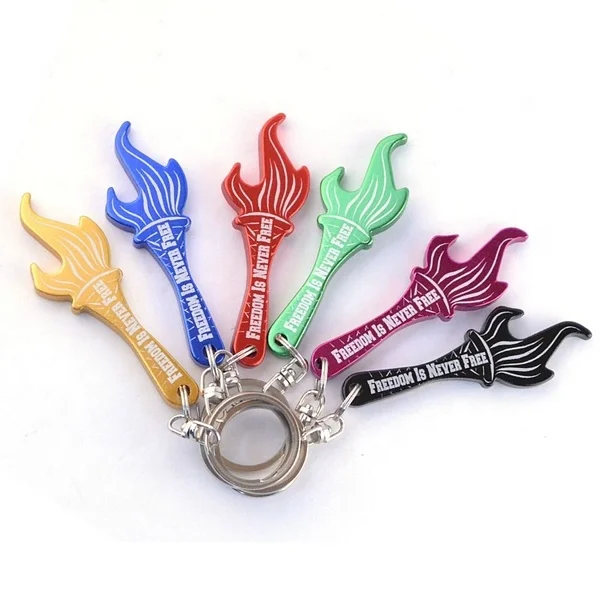 Yiwu Promotional Torch and flame shaped aluminum bottle opener with key chain / key ring