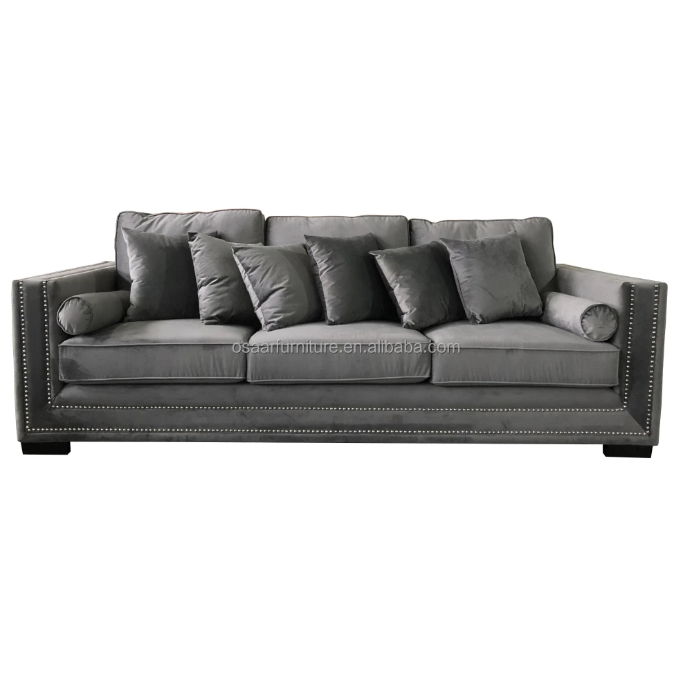 Accent European Style Living Room Grey Velvet Upholstered 4 Seater Fabric Sofa Furniture