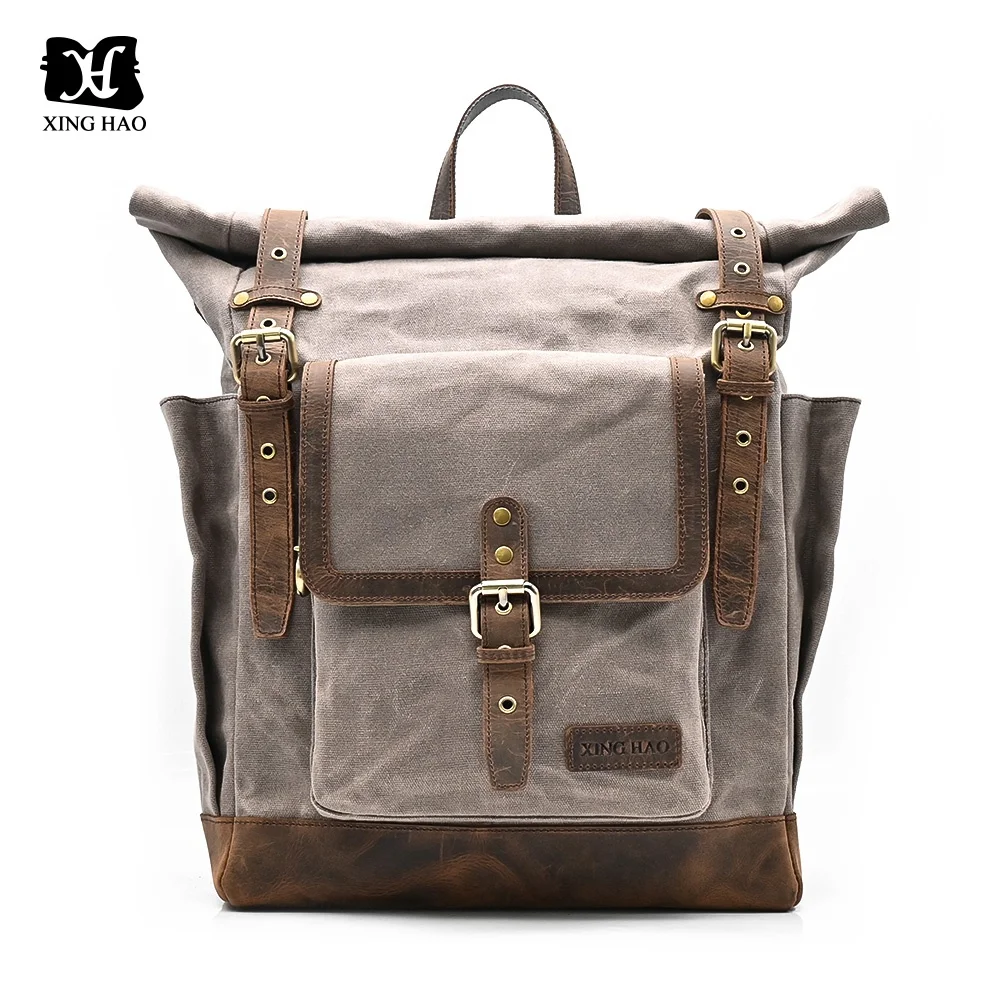Handmade Vintage Waxed Canvas Large Capacity Travel Laptop Hiking Daypack School Vintage Rolltop Rucksack Backpack for Men Women