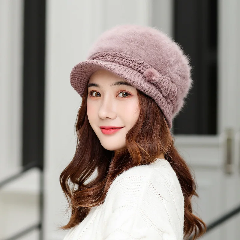 2021 Autumn And Winter Ladies Warm Hat Knitted Hat Custom Logo Rabbit Fur Hat