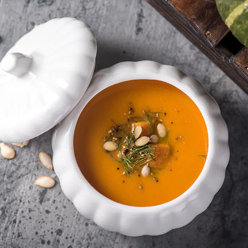 400ml wholesale microwave oven and dishwasher safe white pumpkin ceramic soup bowl with lid