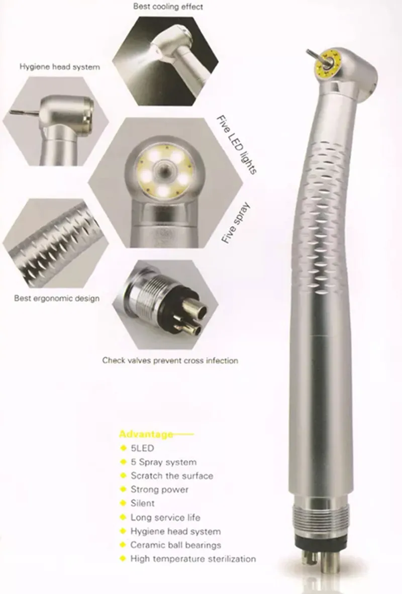 Dental High Speed LED Handpiece Shadowless 5 Water Spray 5 LED Handpiece High Speed