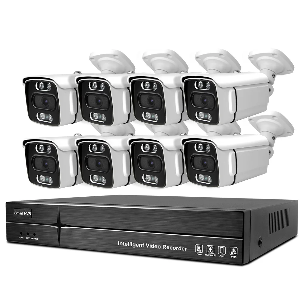 5MP 8pcs Easy Install Dual light Bullet 16CH 4K NVR 8CH Security Camera System Ethernet Connection