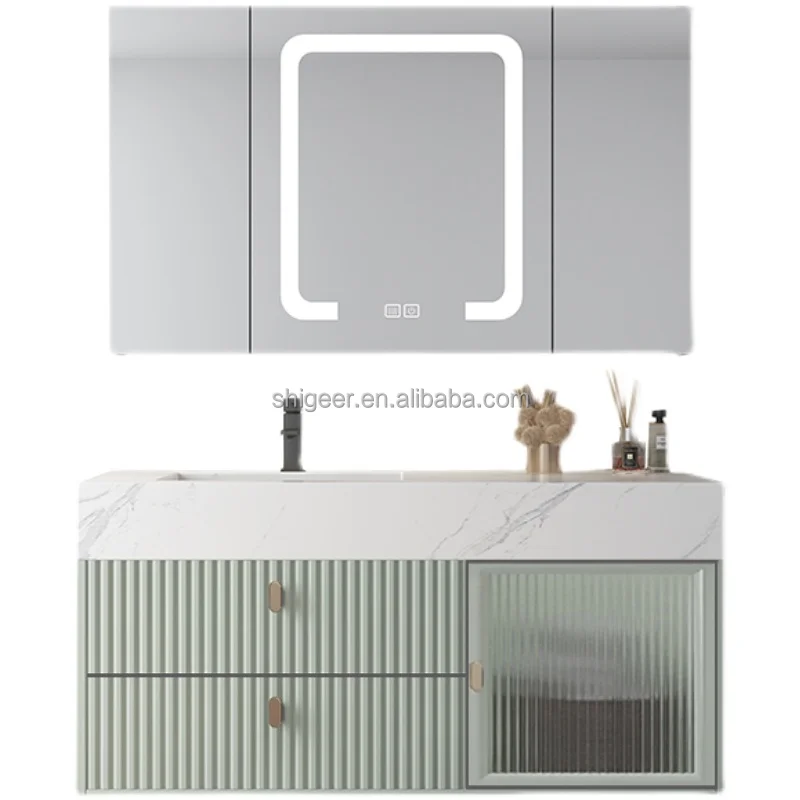 Modern Combo Mirror Cabinet And Faucet Single Sink Elegant Design Wall Hung Type Aluminum Furniture Set For Small Hotel Bathroom