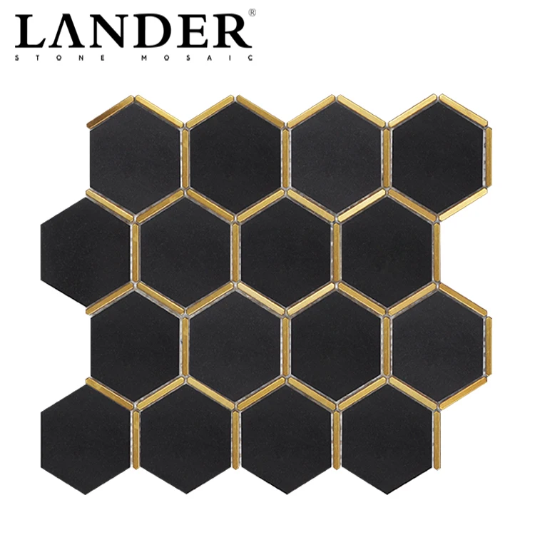 Высококачественная Шестигранная ячеистая латунная инкрустация плитка черный мрамор с щеткой Золотая мозаичная плитка из нержавеющей стали