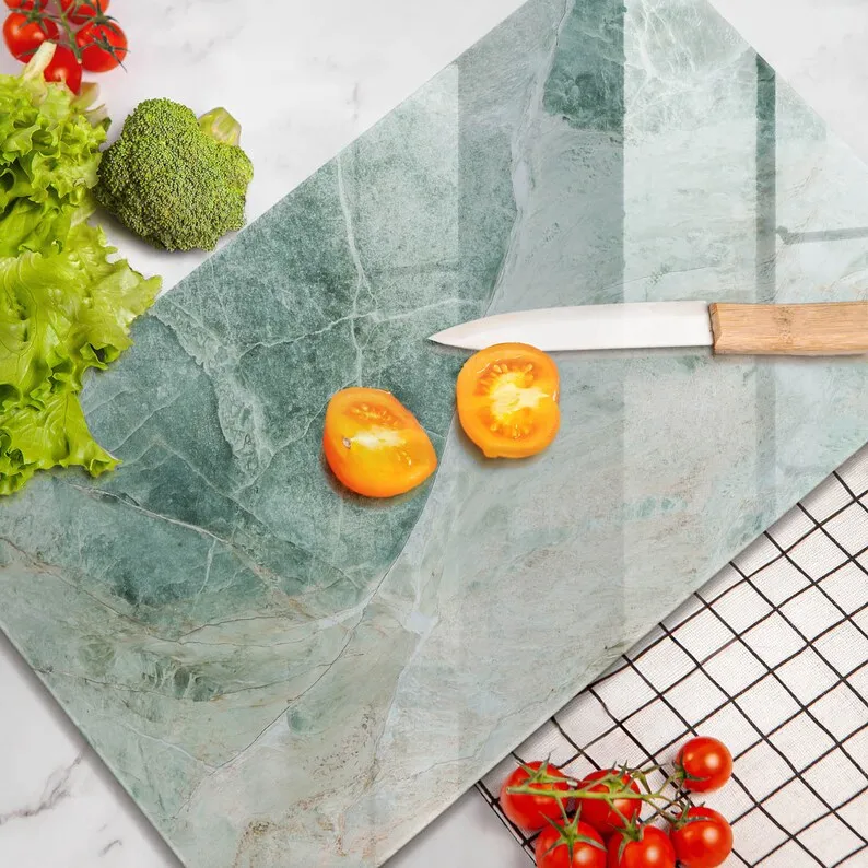 Stone Structure Tempered Glass Splashback as Splash Guard Backsplash Panel in Kitchen with Green Culinary Decor