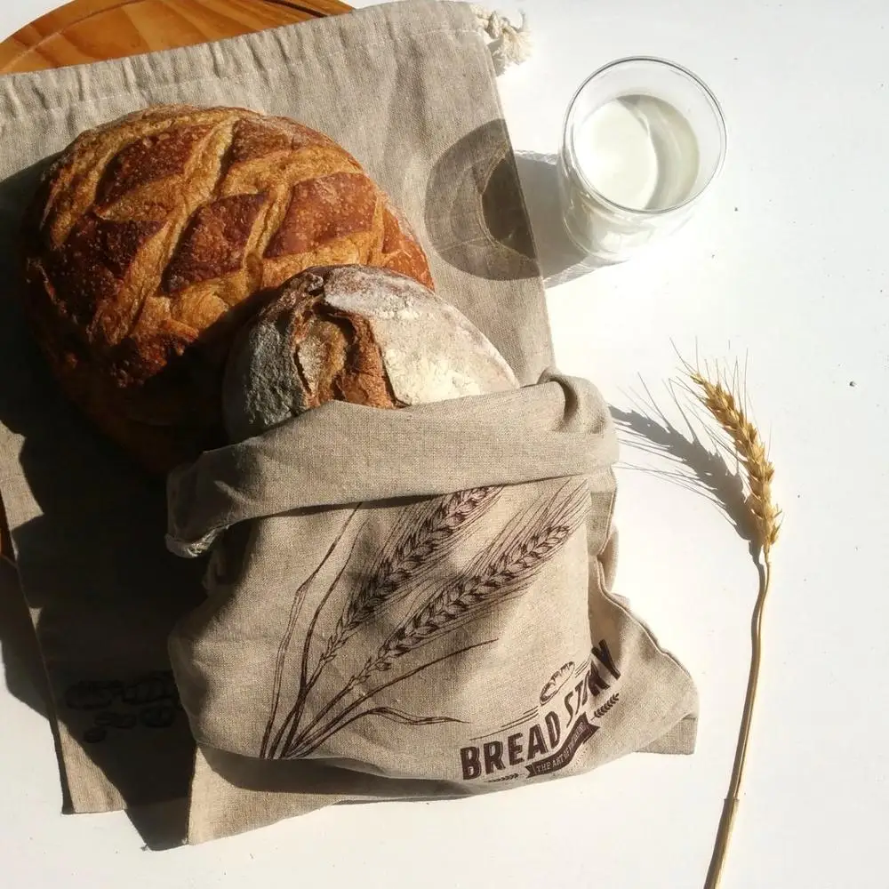 Linen bread bag Natural pure linen bread loaf bag with handmade flax cord organic food storage