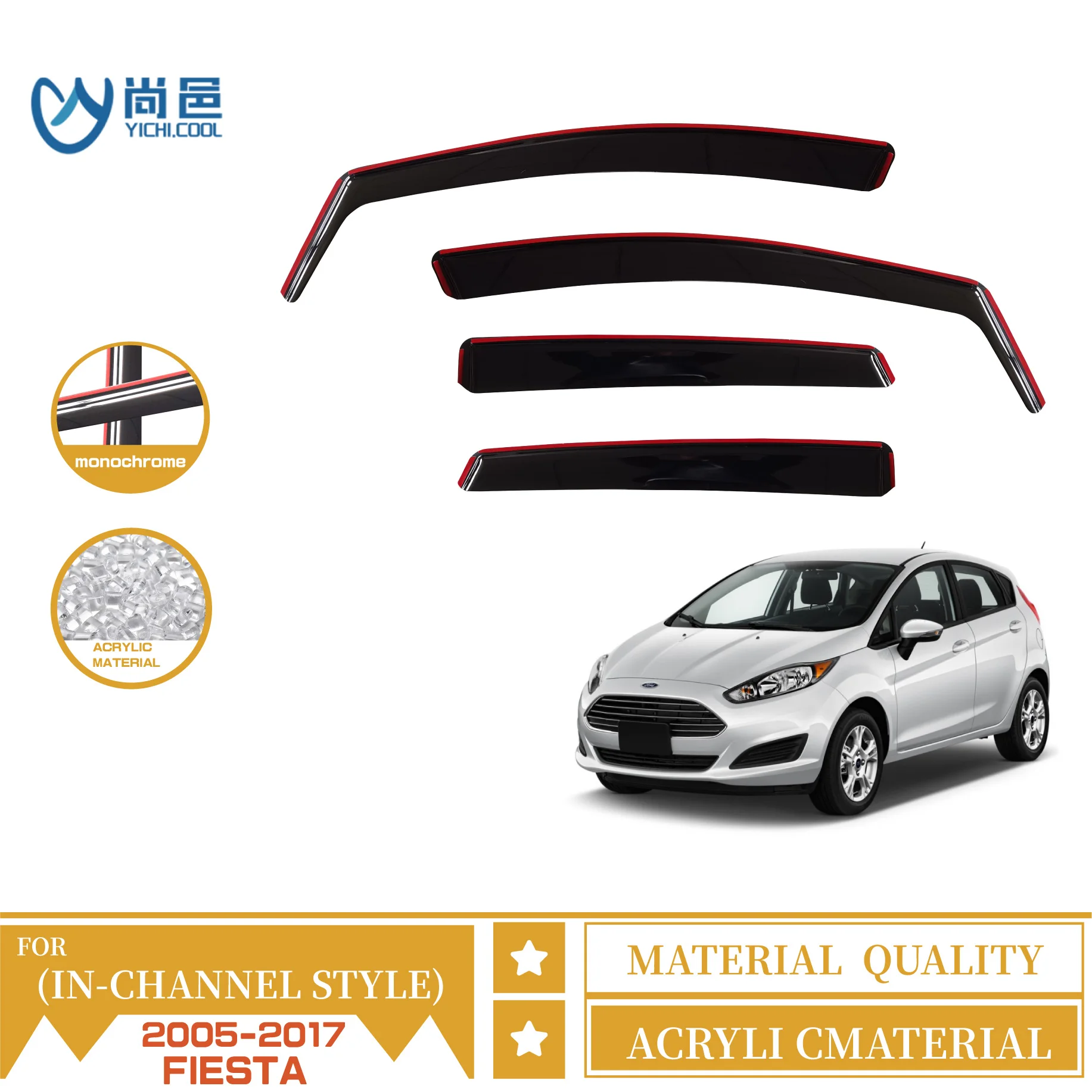 Hot Sale Car Exterior Accessories Bright Strip Style Vent Sun Shade Rain Guard Weather Shields For Ford Fiesta Side Window Visor