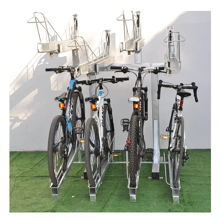 Outdoor steel double decker gas cycle two tier ningbo retail display stand commercial hand parking vertical bicycle bike rack