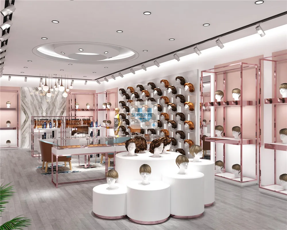 Beauty Shop Design Rack Hair Wig Retail Gold Display Shelf Custom Wig Salon Displays for Hair Extension