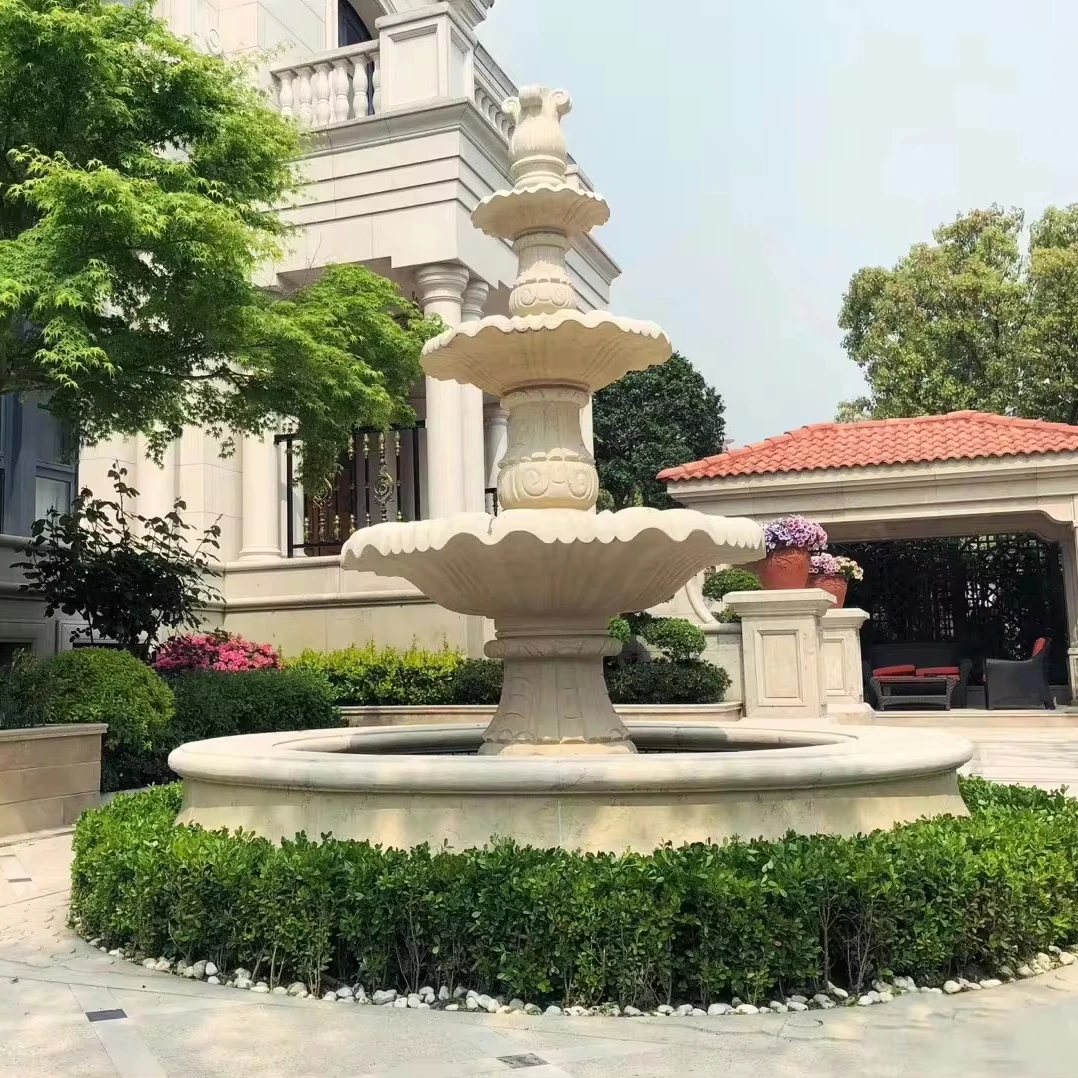 Fancy Custom Hand Carved White Marble Water Fountains with lion sculptures for Outdoor Garden