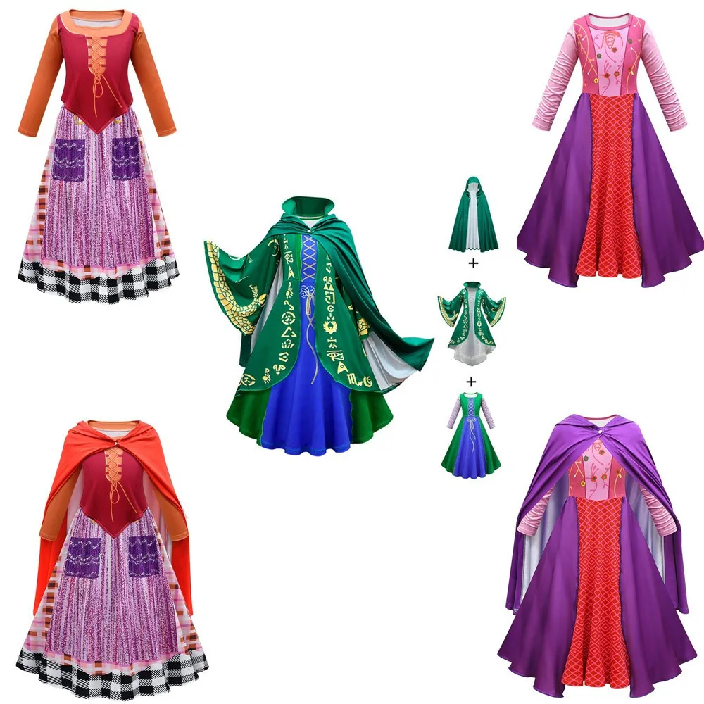 Hocus Pocus 2 Clothing Girls Sarah Mary Winifred Costume Kids Sanderson Sister Dress Witch Halloween Outfits with Wig Cloak