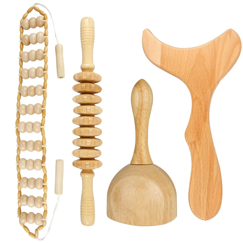 Wood Massage Tools set 4pcs   Lymphatic Detoxification Wooden massage stick Anti Cellulite Massager