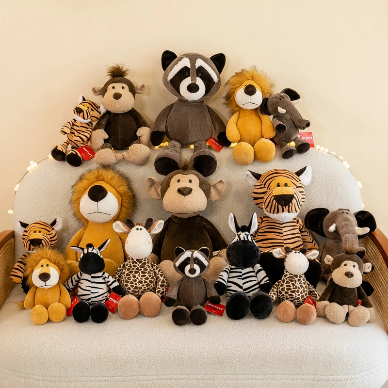 Cute Lifelike Jungle Animal Plush Toys Soft Lion Tiger Elephant Zebra Giraffe Monkey Stuffed Animals with PP Filling Kids Gift
