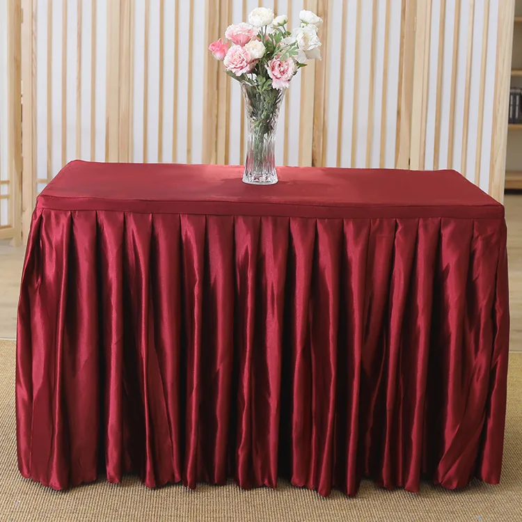 Custom High Quality Silk Satin Pure Color Table Skirt 100% Polyester Fabric Rectangle Table Linen For Banquet Dining Table Use