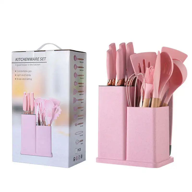 Custom Wholesale 19 Kitchenware Set Silicone Utensil Cuttings Board Storage Wooden Handle Bucket Knife non stick kitchenware set
