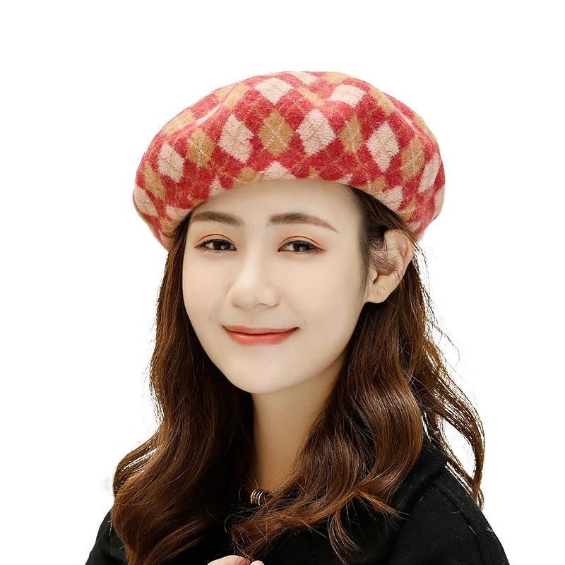 Fashion Customized Ladies 100% Wool High Quality Colorful Diamond Beret